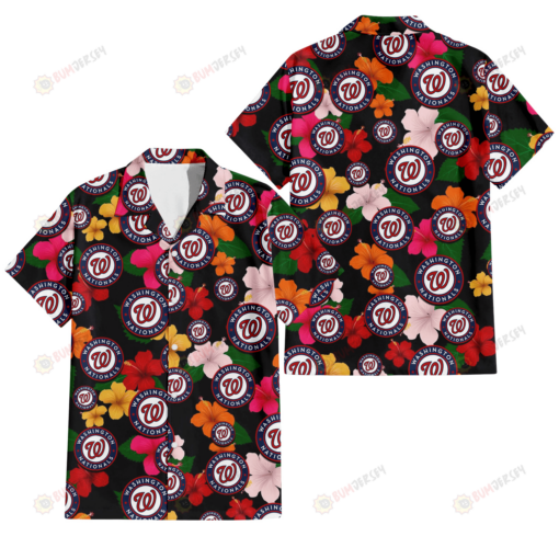 Washington Nationals Pink Orange Yellow White Hibiscus Black Background 3D Hawaiian Shirt