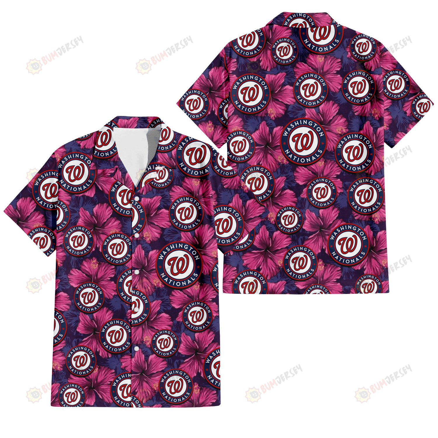 Washington Nationals Plum Vilolet Hibiscus Dark Navy Leaf Black 3D Hawaiian Shirt