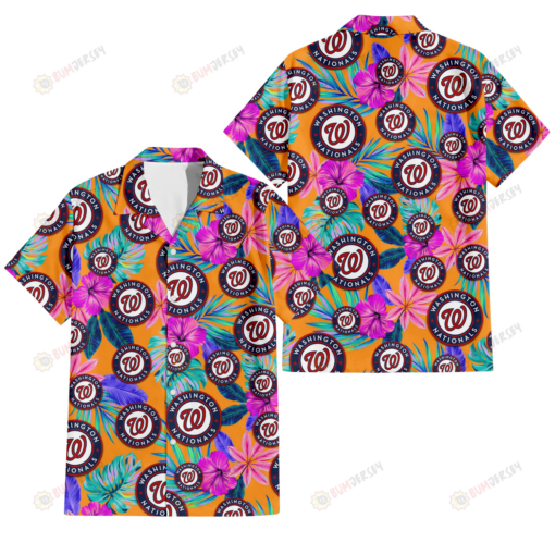 Washington Nationals Purple Hibiscus Neon Leaf Orange Background 3D Hawaiian Shirt