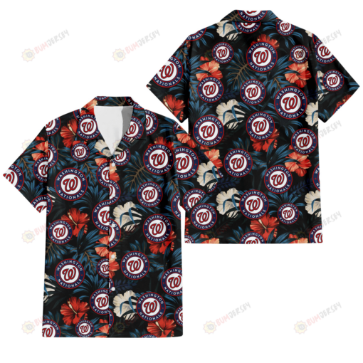 Washington Nationals Red And White Hibiscus Dark Leaf Black Background 3D Hawaiian Shirt