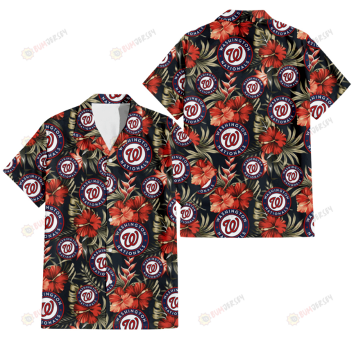 Washington Nationals Red Hibiscus Green Leaf Dark Background 3D Hawaiian Shirt