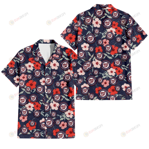 Washington Nationals Red Pink White Hibiscus Black Background 3D Hawaiian Shirt