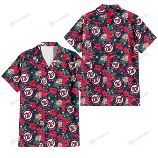 Washington Nationals Tiny Red Hibiscus White Porcelain Flower Black Background 3D Hawaiian Shirt