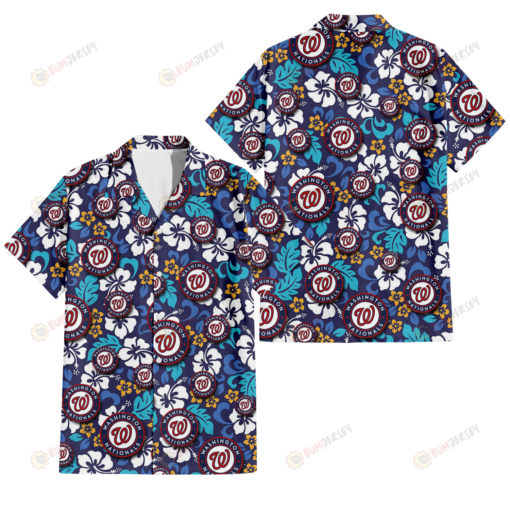 Washington Nationals White Hibiscus Ceramic Style Navy Background 3D Hawaiian Shirt