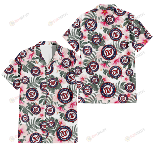 Washington Nationals White Hibiscus Green Leaf White Background 3D Hawaiian Shirt