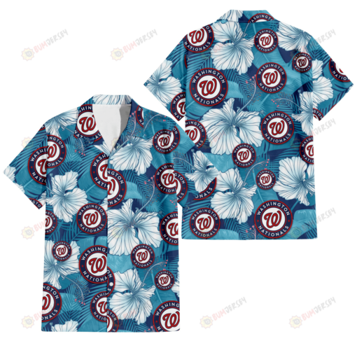 Washington Nationals White Hibiscus Turquoise Banana Leaf Navy Background 3D Hawaiian Shirt