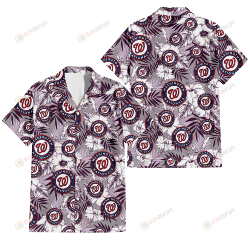 Washington Nationals White Hibiscus Violet Leaves Light Grey Background 3D Hawaiian Shirt