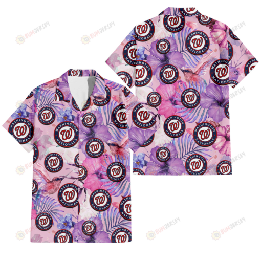 Washington Nationals White Purple Hibiscus Pink Hummingbird Pink Background 3D Hawaiian Shirt