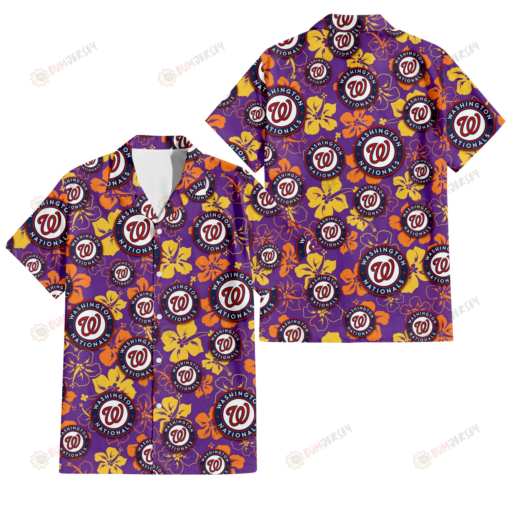 Washington Nationals Yellow And Orange Hibiscus Purple Background 3D Hawaiian Shirt
