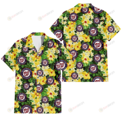 Washington Nationals Yellow Hibiscus Tropical Green Leaf Black Background 3D Hawaiian Shirt