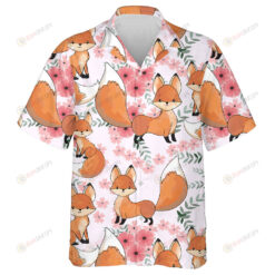 Watercolor Art Cute Baby Fox In Pink Flower Garden Design Hawaiian Shirt