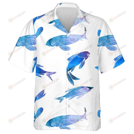 Watercolor Beautiful Blue Fishes Carps Koi On White Background Hawaiian Shirt