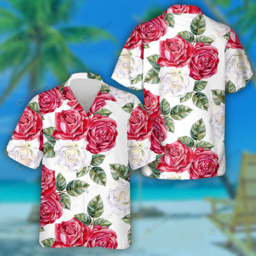 Watercolor Beautiful Red And White Roses Green Leaves Art Hawaiian Shirt