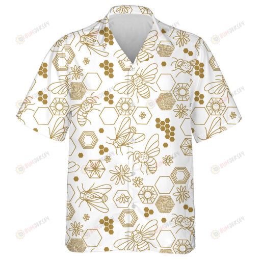 Watercolor Bee Honeycomb Daisy Line Art Hawaiian Shirt