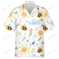 Watercolor Bees Cloud Birds And Flowers In Sunday Hawaiian Shirt