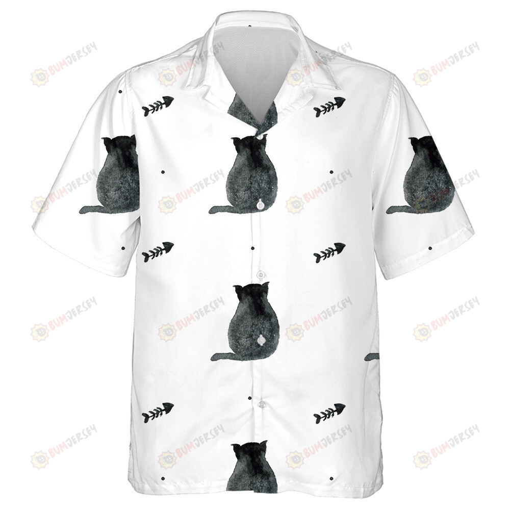 Watercolor Black Cats And Fish Bone On White Background Hawaiian Shirt