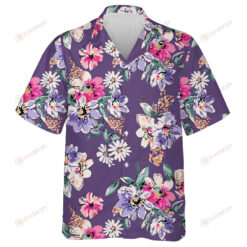 Watercolor Colorful Flowers Bouquet On Purple Background Hawaiian Shirt