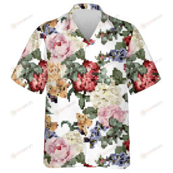 Watercolor Colorful Flowers Roses Branch On White Background Hawaiian Shirt
