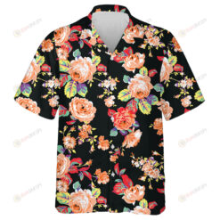 Watercolor Colorful Rose And Leaves Art Pattern Black Theme Hawaiian Shirt