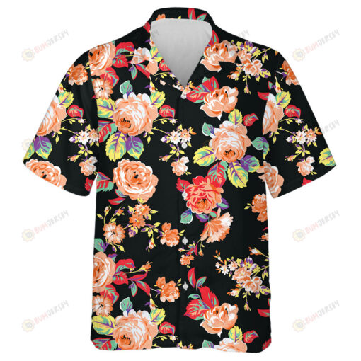 Watercolor Colorful Rose And Leaves Art Pattern Black Theme Hawaiian Shirt