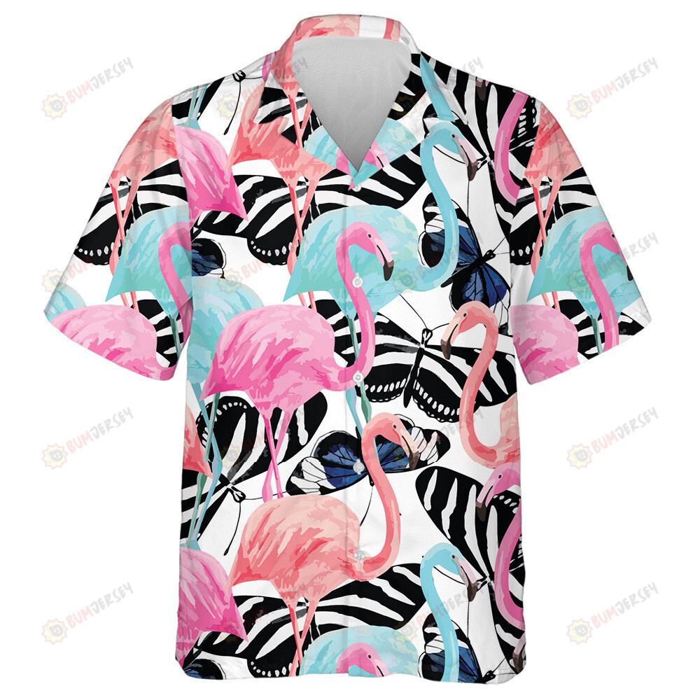 Watercolor Cute Flamingo On Butterfly Background Hawaiian Shirt