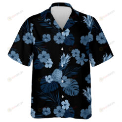 Watercolor Dark Blue Pineapple Monstera Leaf Hibiscus Camo Pattern Hawaiian Shirt