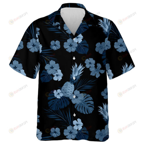 Watercolor Dark Blue Pineapple Monstera Leaf Hibiscus Camo Pattern Hawaiian Shirt