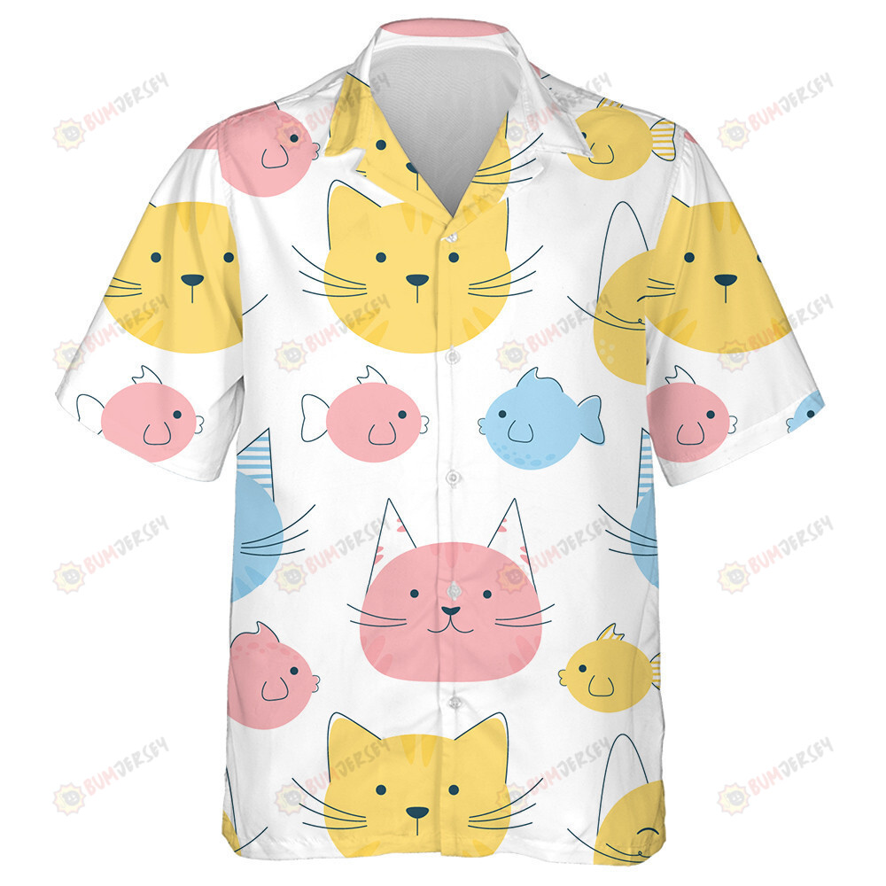 Watercolor Funny Cats And Fish In Cartoon Style Hawaiian Shirt