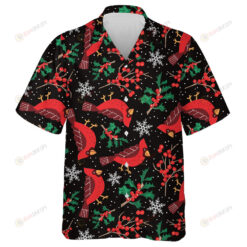 Watercolor Little Red Cardinal Bird With Holly Leaves Hawaiian Shirt