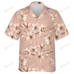 Watercolor Magnolies Flowers Branches On Coral Design Hawaiian Shirt