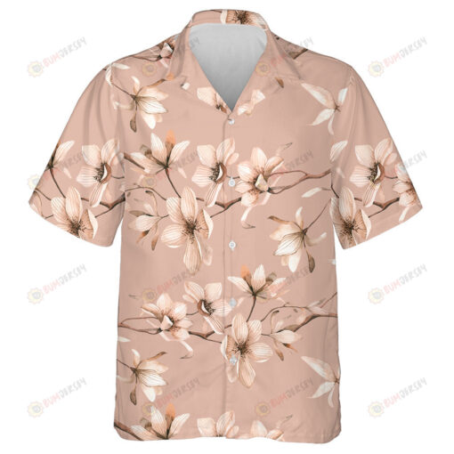 Watercolor Magnolies Flowers Branches On Coral Design Hawaiian Shirt