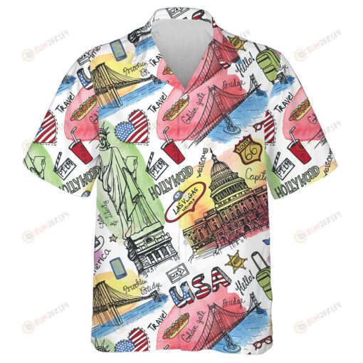 Watercolor New York Symbols Doodle Art Hawaiian Shirt