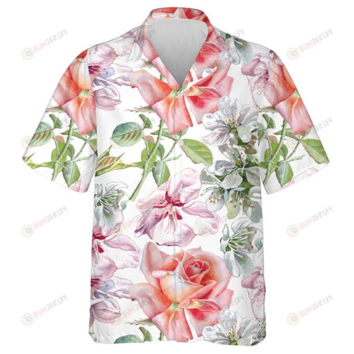 Watercolor Orange Pink Roses Flower Branches Art Design Hawaiian Shirt