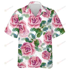 Watercolor Painting Pink Roses And Green Leaves Pattern Hawaiian Shirt