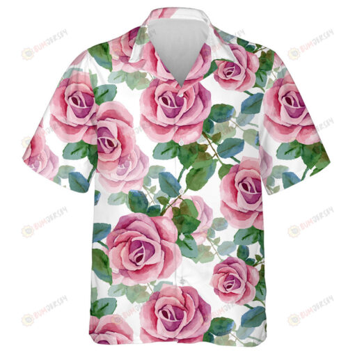 Watercolor Painting Pink Roses And Green Leaves Pattern Hawaiian Shirt