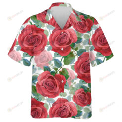 Watercolor Painting Red Roses And Green Leaves Branches Pattern Hawaiian Shirt