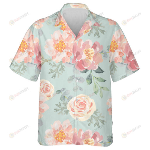 Watercolor Pale Pink Rose Peonies Light Green Theme Design Hawaiian Shirt