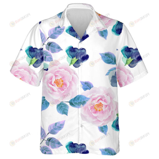 Watercolor Pattern Of Roses Violets On White Background Hawaiian Shirt