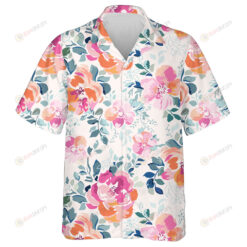 Watercolor Pink And Orange Flowers And Leaves Branches Design Hawaiian Shirt