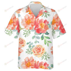 Watercolor Pink Rose Peonies Green Leaves On White Design Hawaiian Shirt