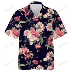Watercolor Pink Roses Flower Branch Dark Blue Theme Design Hawaiian Shirt
