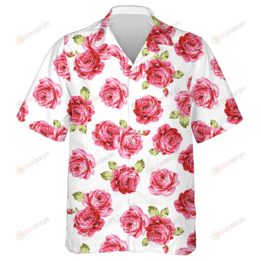 Watercolor Pink Roses Green Leaves Pattern White Theme Hawaiian Shirt