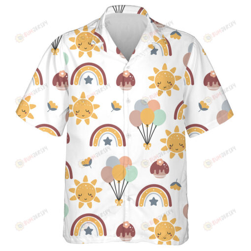 Watercolor Purple Flowers And Green Leaves Pattern White Theme Hawaiian Shirt