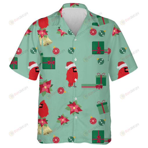 Watercolor Red Cardinal In Santa Hat Hawaiian Shirt