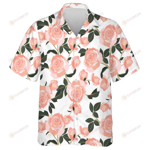 Watercolor Shabby Chic Pink Rose On White Background Hawaiian Shirt