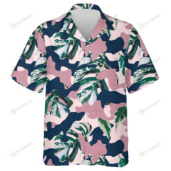 Watercolor Tropical Green Marble Leaves Pink Camo Background Hawaiian Shirt