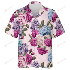 Watercolor Vintage Pink Rose Light Blue Floral Pattern Hawaiian Shirt