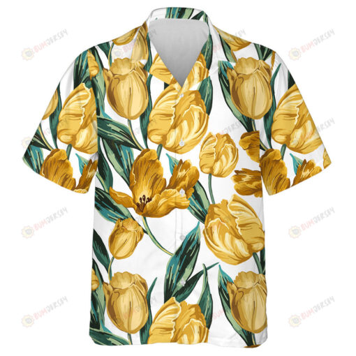 Watercolor Yellow Tulips And Green Leaves Themed Design Hawaiian Shirt