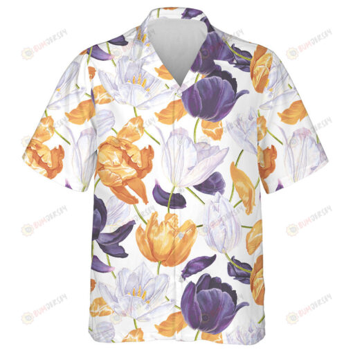 Watercolor Yellow White Dark Purple Tulips Floral Themed Design Hawaiian Shirt