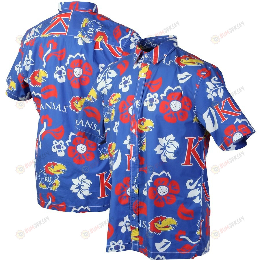 Wes & Willy Royal Kansas Jayhawks Floral Pattern Hawaiian Shirt SH1